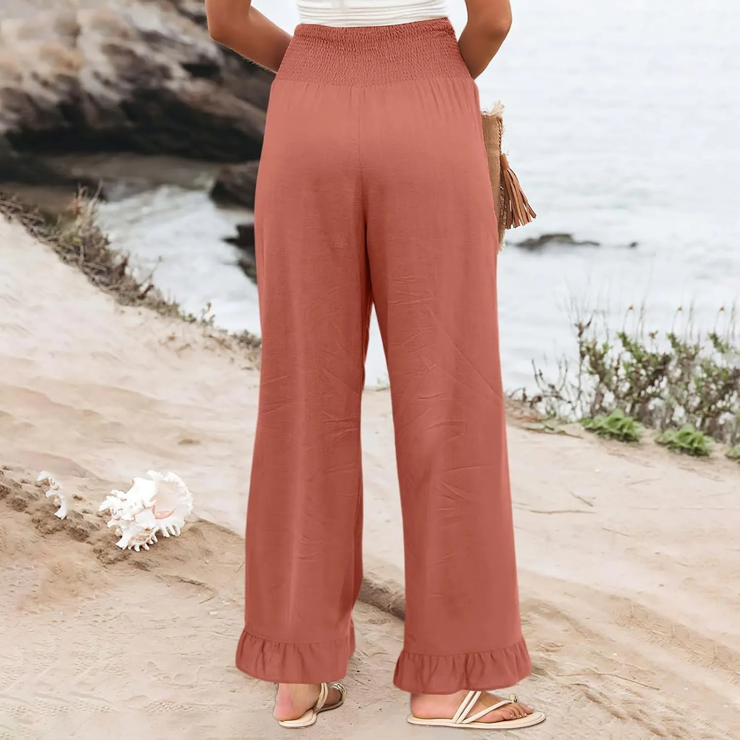 Wide Leg Linen Pants for Women Smocked Waist Summer Flowy Ruffle Pants Beach Casual Cropped Palazzo Pant with Pockets