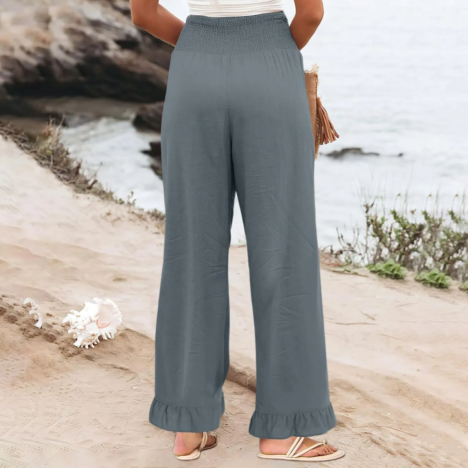 Wide Leg Linen Pants for Women Smocked Waist Summer Flowy Ruffle Pants Beach Casual Cropped Palazzo Pant with Pockets