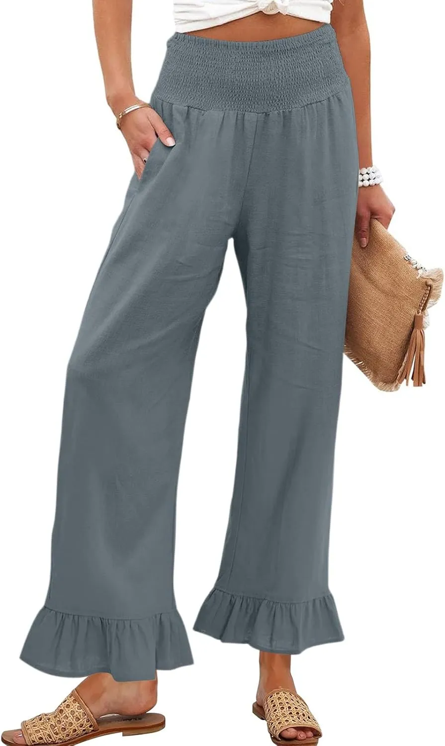 Wide Leg Linen Pants for Women Smocked Waist Summer Flowy Ruffle Pants Beach Casual Cropped Palazzo Pant with Pockets