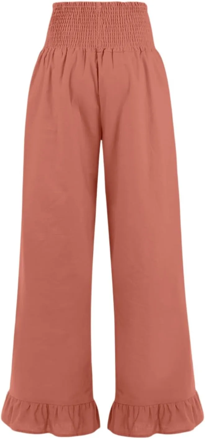 Wide Leg Linen Pants for Women Smocked Waist Summer Flowy Ruffle Pants Beach Casual Cropped Palazzo Pant with Pockets