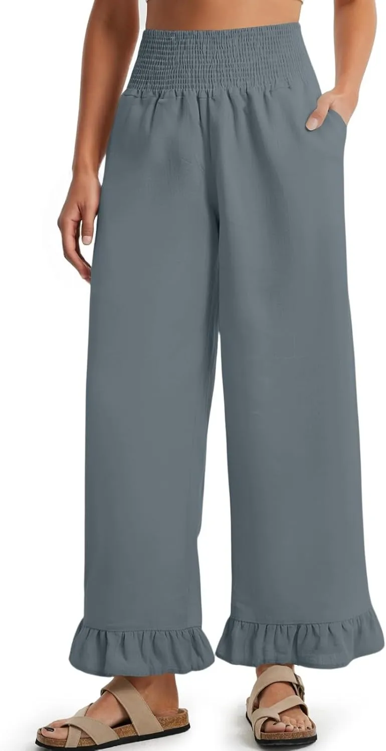 Wide Leg Linen Pants for Women Smocked Waist Summer Flowy Ruffle Pants Beach Casual Cropped Palazzo Pant with Pockets