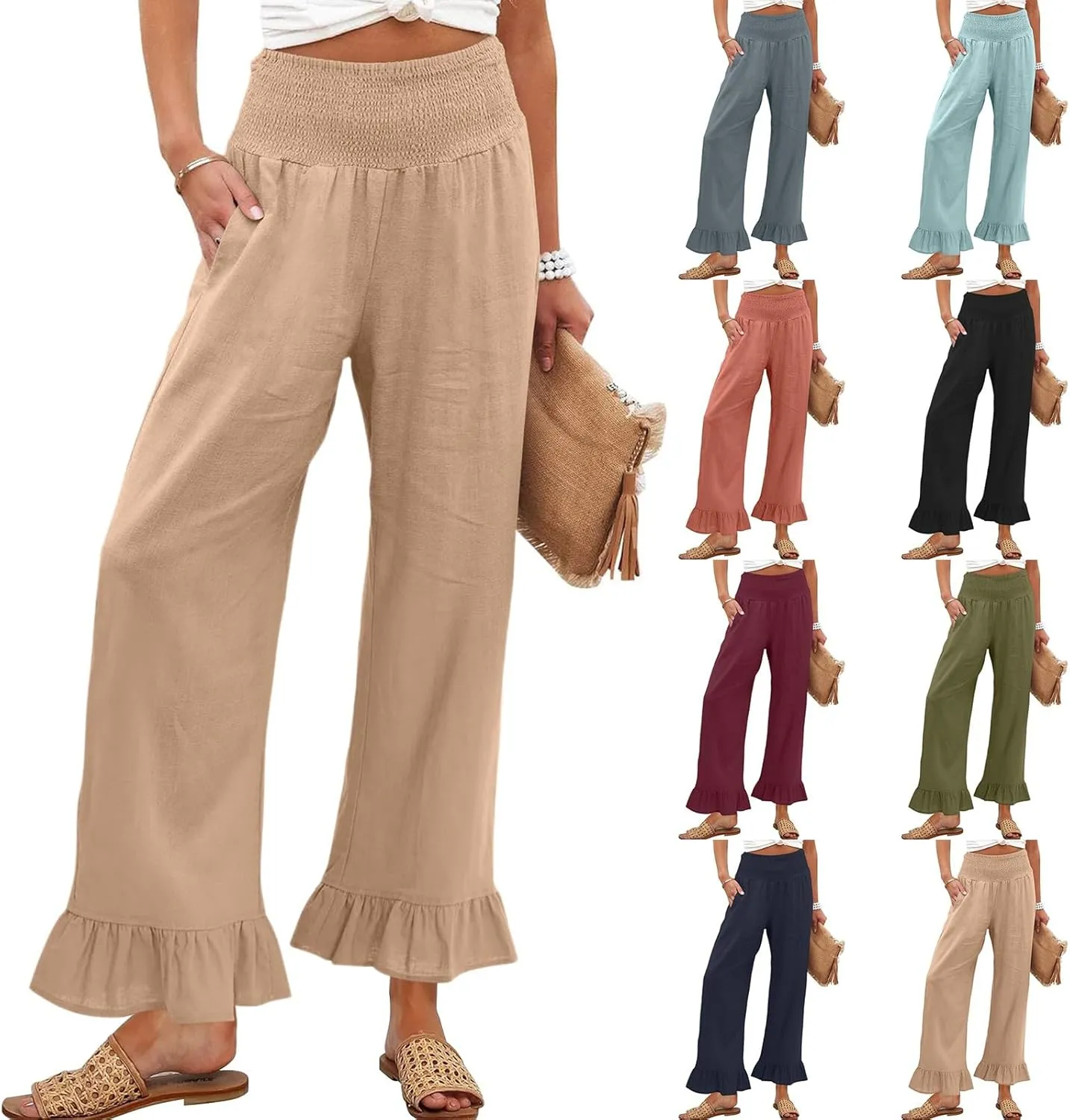 Wide Leg Linen Pants for Women Smocked Waist Summer Flowy Ruffle Pants Beach Casual Cropped Palazzo Pant with Pockets