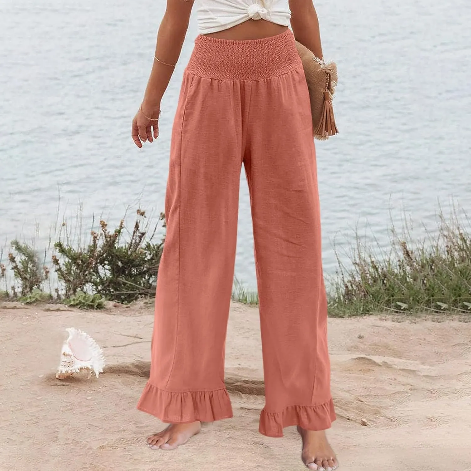 Wide Leg Linen Pants for Women Smocked Waist Summer Flowy Ruffle Pants Beach Casual Cropped Palazzo Pant with Pockets