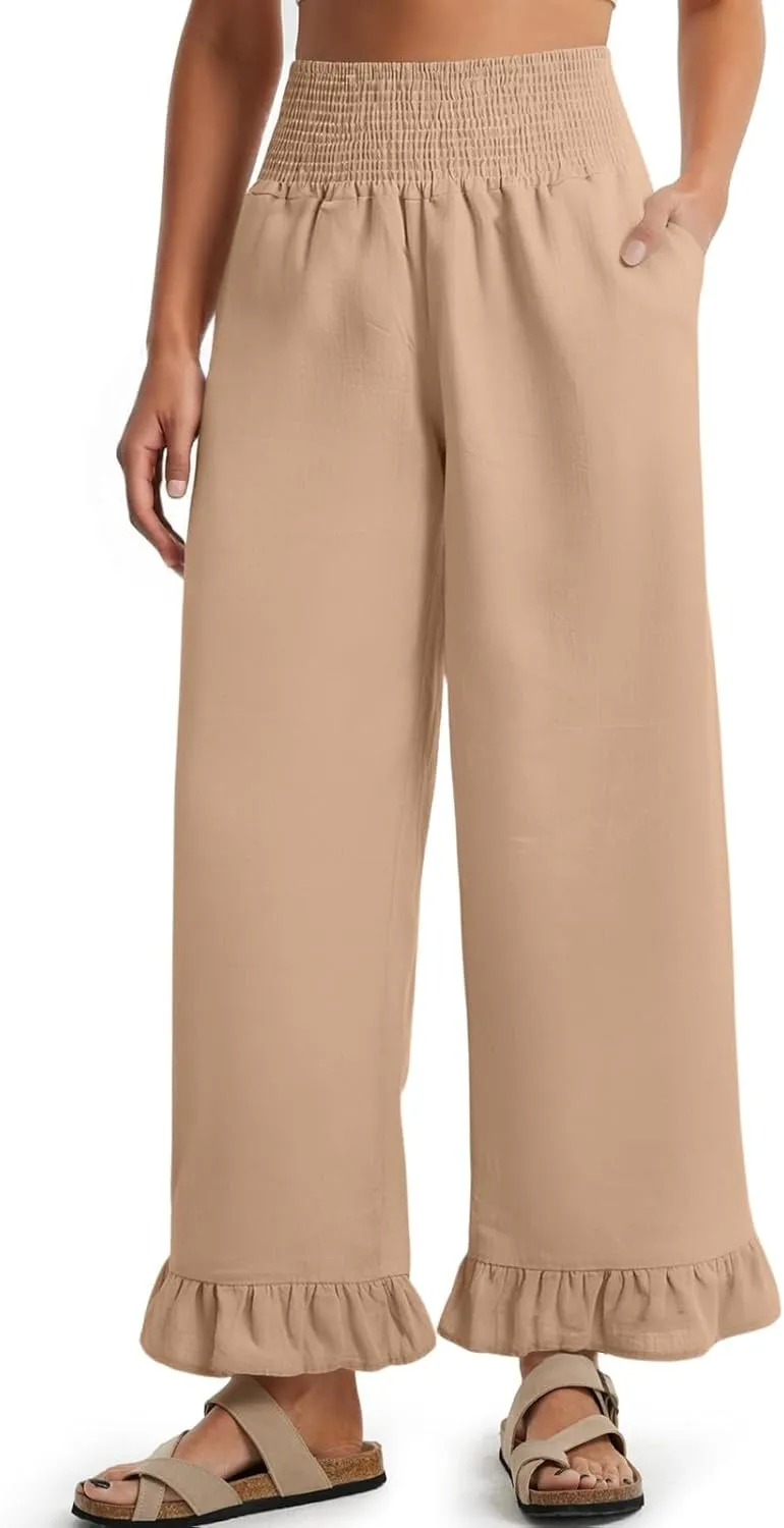 Wide Leg Linen Pants for Women Smocked Waist Summer Flowy Ruffle Pants Beach Casual Cropped Palazzo Pant with Pockets