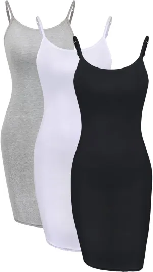 WILLBOND 3 Pieces Basic Cami Women Long Tanks Dress with Strap, Solid Color
