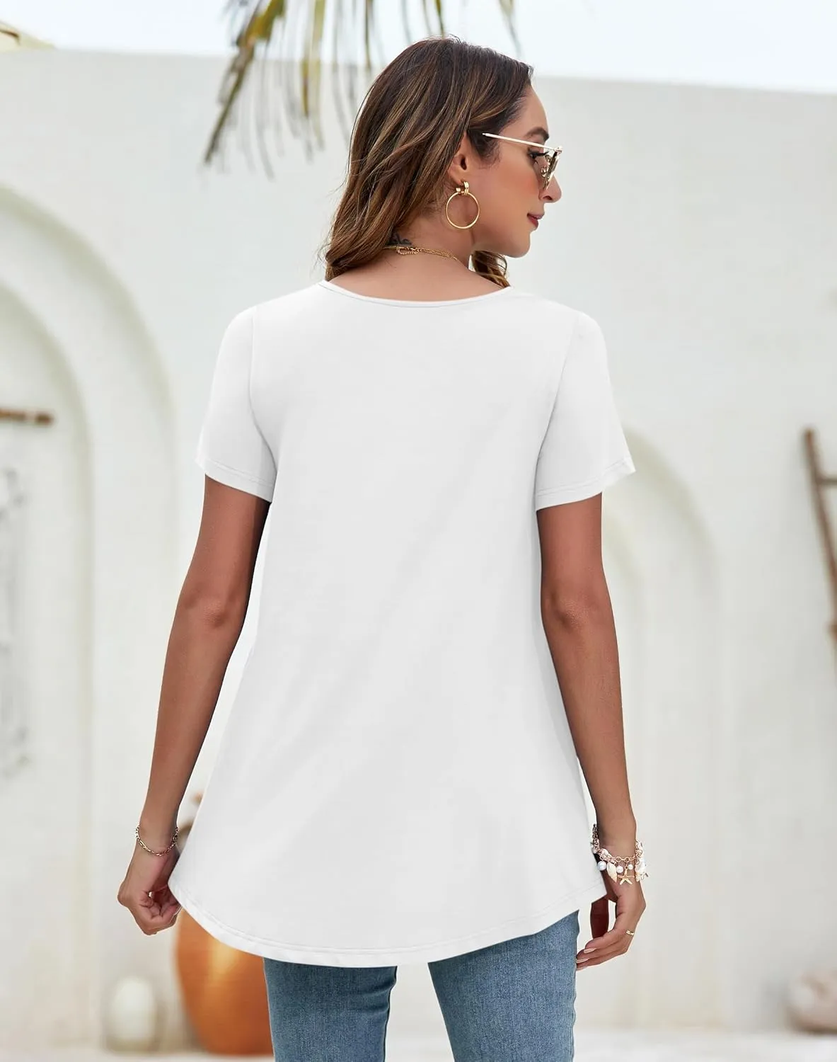 WNEEDU Women's Summer Tunic Tops Casual Short Sleeve Square Neck T-Shirt Loose Fit for Leggings
