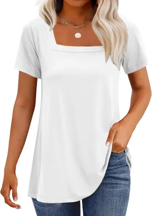 WNEEDU Women's Summer Tunic Tops Casual Short Sleeve Square Neck T-Shirt Loose Fit for Leggings
