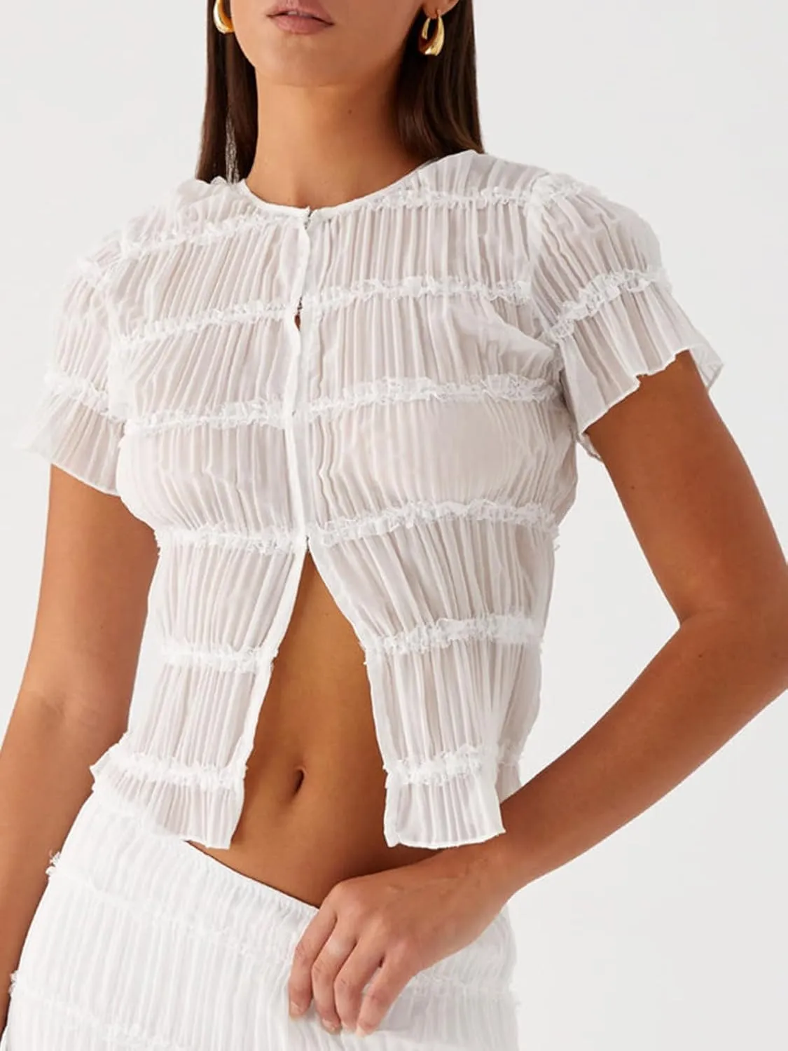 Women 2 Piece Chiffon Ruched Maxi Skirt Sets Summer Short Sleeve Top Long Skirt Set Resort Beach Outfits