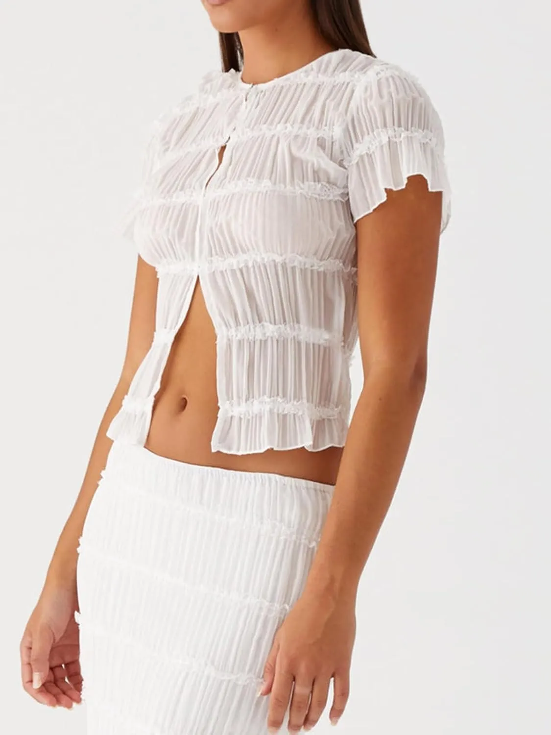 Women 2 Piece Chiffon Ruched Maxi Skirt Sets Summer Short Sleeve Top Long Skirt Set Resort Beach Outfits