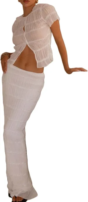 Women 2 Piece Chiffon Ruched Maxi Skirt Sets Summer Short Sleeve Top Long Skirt Set Resort Beach Outfits