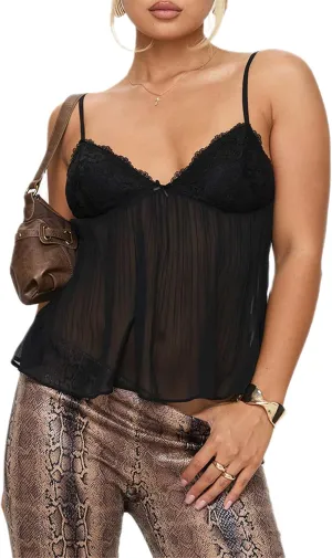 Women Babydoll Tank Tops Y2k Lace Trim V Neck Sleeveless Spaghetti Straps Camisole Flared Hem Flowy Peplum Cami Tops