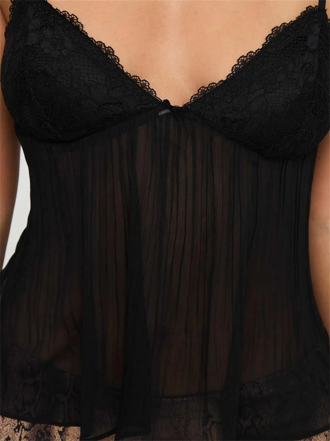 Women Babydoll Tank Tops Y2k Lace Trim V Neck Sleeveless Spaghetti Straps Camisole Flared Hem Flowy Peplum Cami Tops