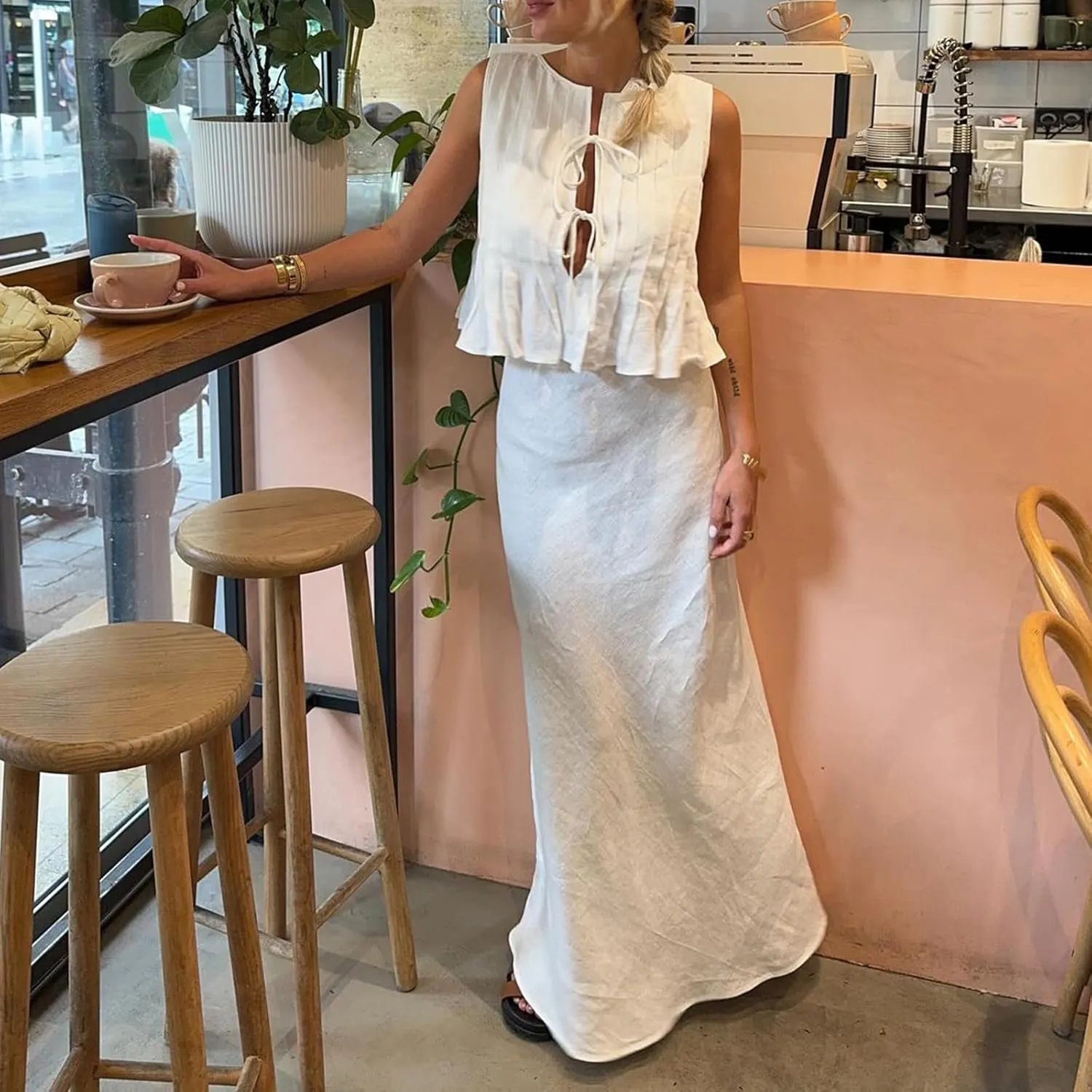 Women Bow Tie Front Vest Coquette Pleated Peplum Linen Tank Tops Y2k Cute Babydoll Tops