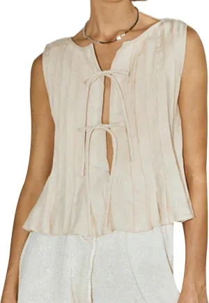 Women Bow Tie Front Vest Coquette Pleated Peplum Linen Tank Tops Y2k Cute Babydoll Tops