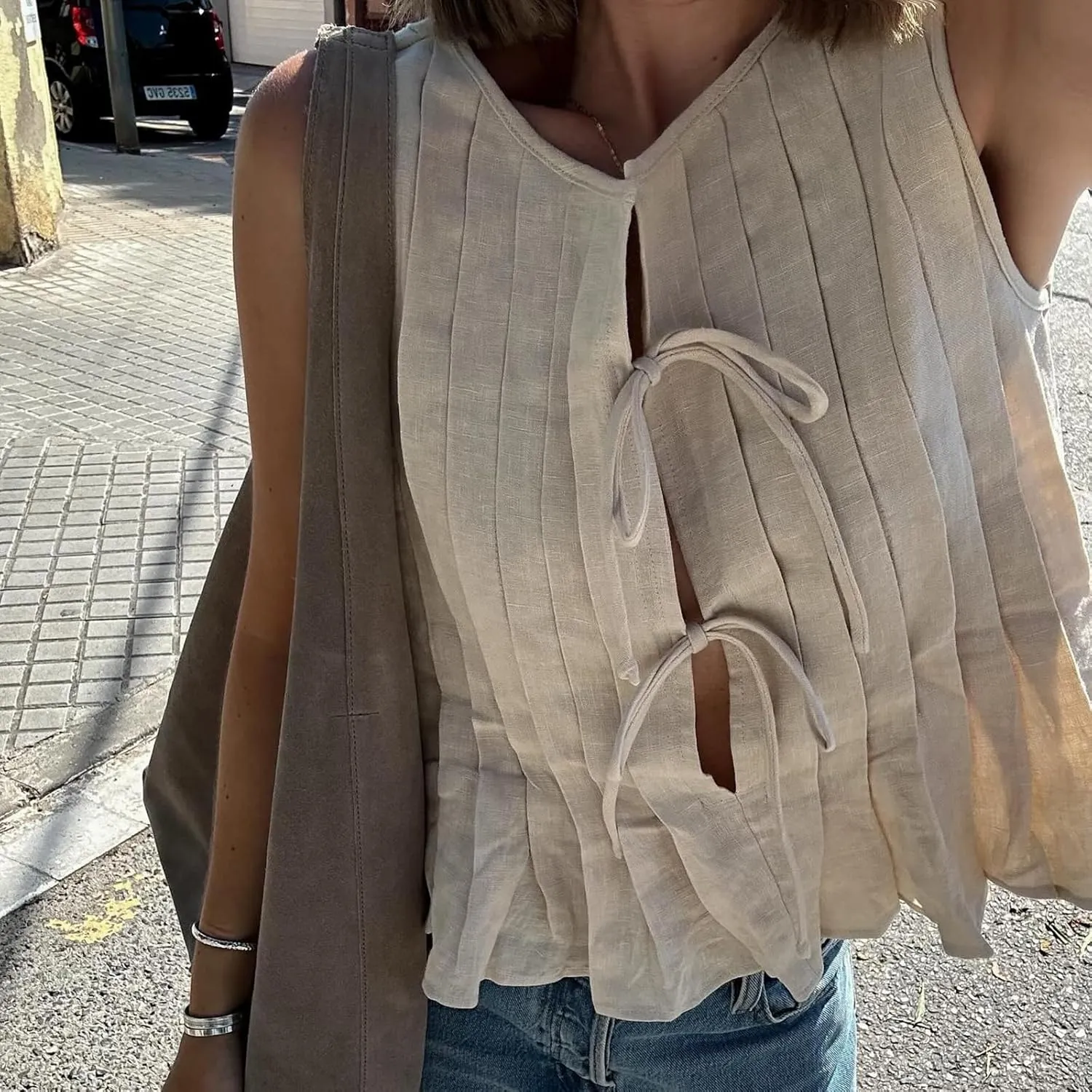 Women Bow Tie Front Vest Coquette Pleated Peplum Linen Tank Tops Y2k Cute Babydoll Tops