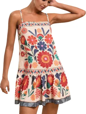 Women Floral Boho Flowy Mini Cami Dress Sleeveless Square Neck Ruffle Hem A Line Summer Vacation Beach Short Dress