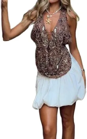 Women Halter Neck Tops Deep V Neck Open Back Sequin Crop Top Flower Sleeveless Tank Tops Beach Streetwear