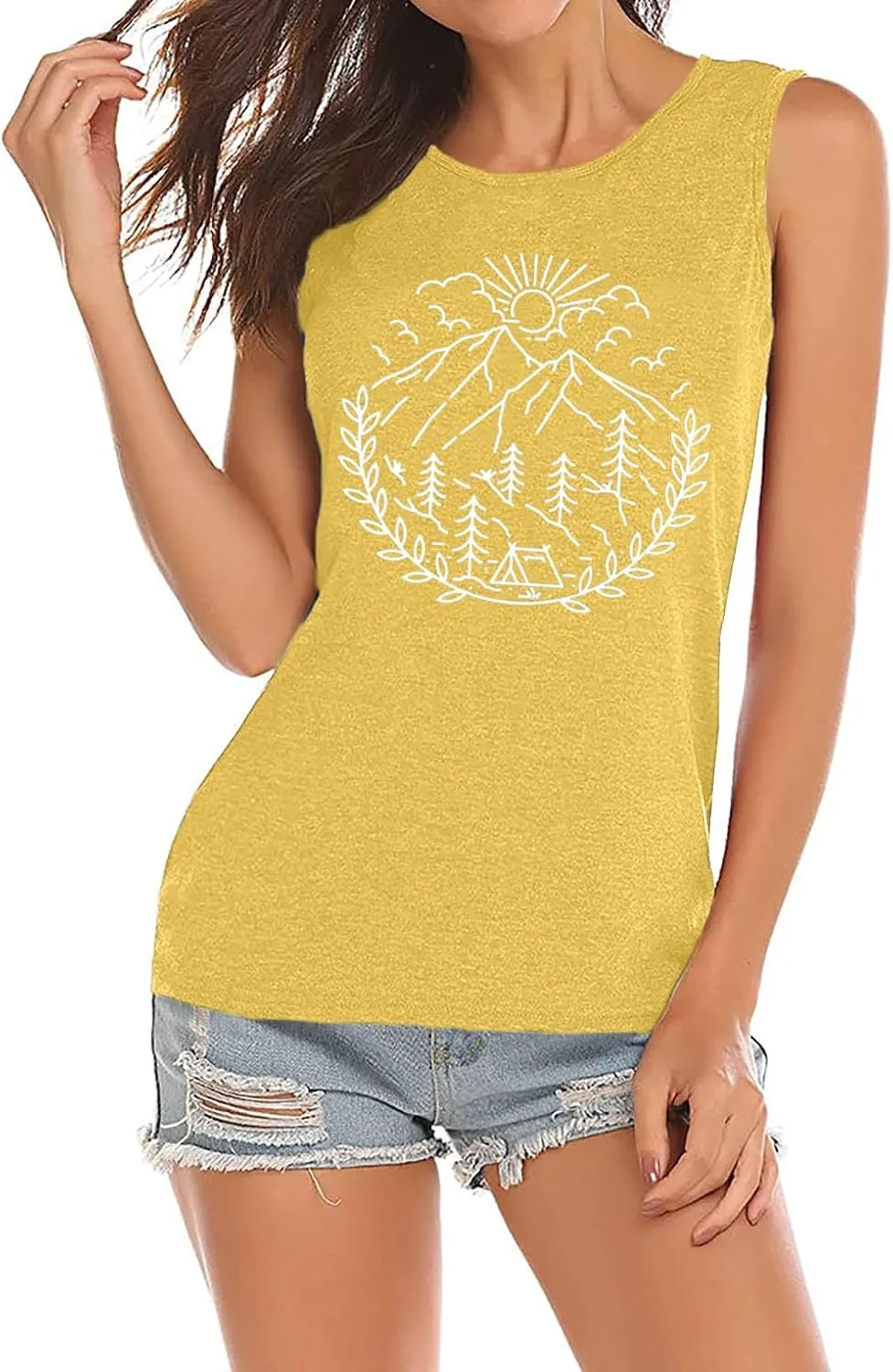 Women Hiking Camping Outdoor Tank Top Summer Mountain Nature Funny Graphic Print Round Neck Workout Athletic Sleeveless Tops