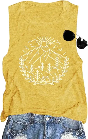 Women Hiking Camping Outdoor Tank Top Summer Mountain Nature Funny Graphic Print Round Neck Workout Athletic Sleeveless Tops