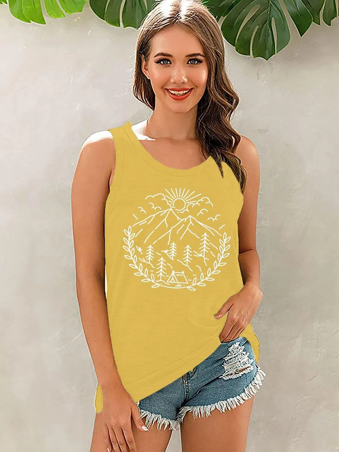 Women Hiking Camping Outdoor Tank Top Summer Mountain Nature Funny Graphic Print Round Neck Workout Athletic Sleeveless Tops