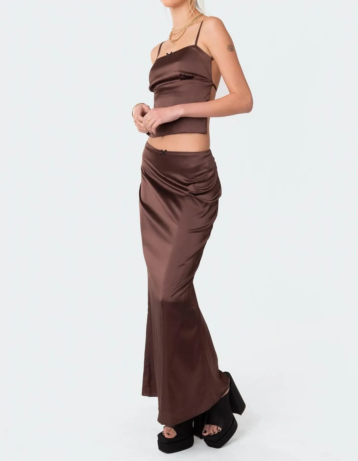 Women Hollow Out 2 Piece Skirt Set Y2K Halter Backless Crop Camis Slim Fit Tube Tops Split Maxi Skirts Outfits