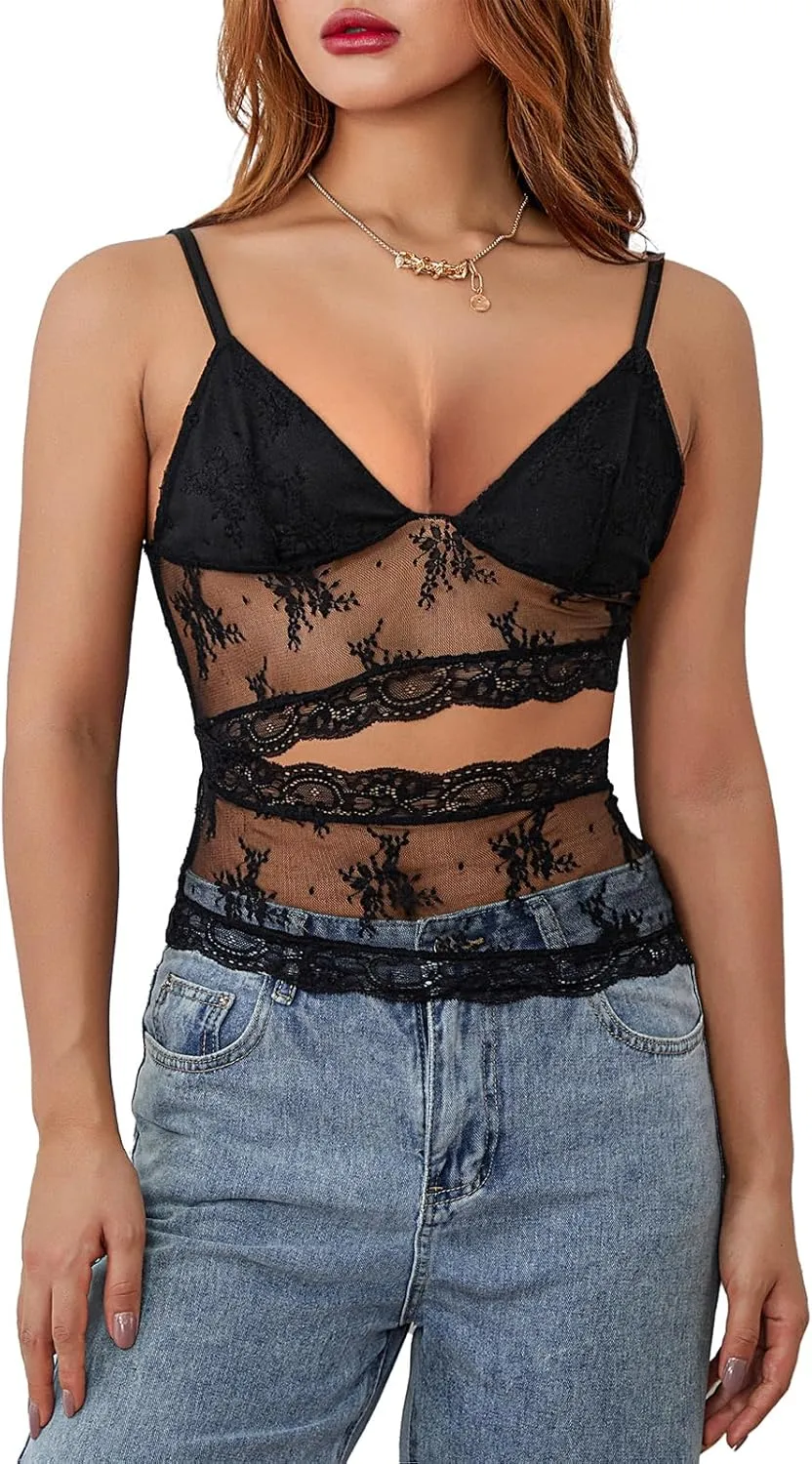 Women Lace Cami Tank Top Floral Mesh Spaghetti Strap Vest Sexy Backless Sleeveless Crop Tops Y2k Going Out Outfits