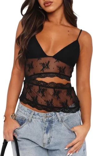 Women Lace Cami Tank Top Floral Mesh Spaghetti Strap Vest Sexy Backless Sleeveless Crop Tops Y2k Going Out Outfits