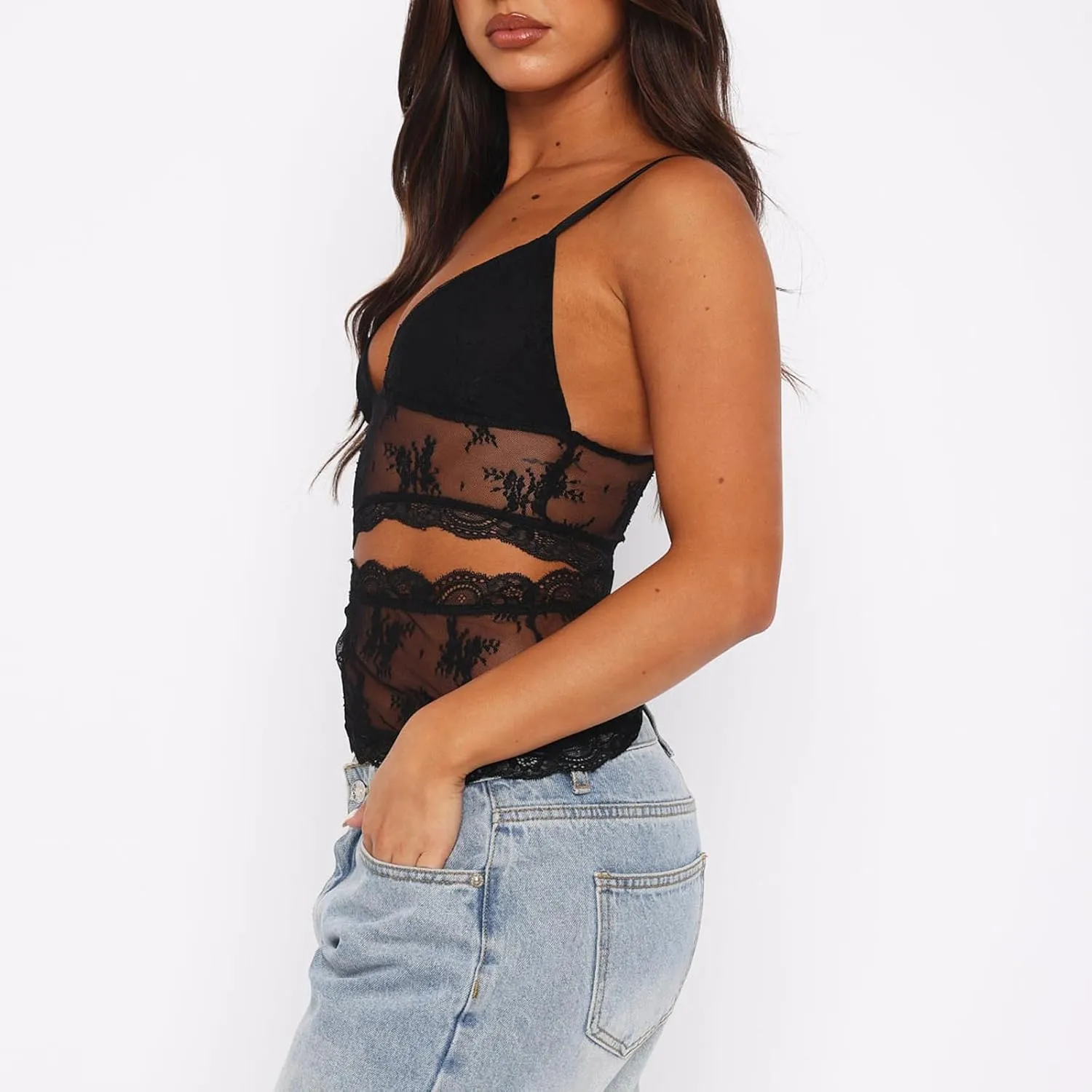 Women Lace Cami Tank Top Floral Mesh Spaghetti Strap Vest Sexy Backless Sleeveless Crop Tops Y2k Going Out Outfits