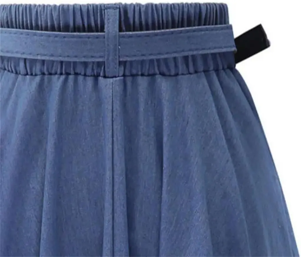 Women Pleated A-Line Midi Skirt Elastic Waist Button Front Flared Long Skirts with Belt