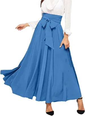 Women Pleated A-Line Skirts Strappy High Waist Stretch Solid Midi Long Maxi Skirts Casual Skirts