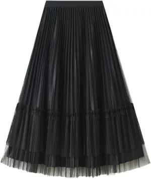 Women Pleated Skirt Fashion Midi Long Velvet Skirts Mesh Skirt