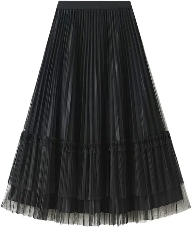 Women Pleated Skirt Fashion Midi Long Velvet Skirts Mesh Skirt