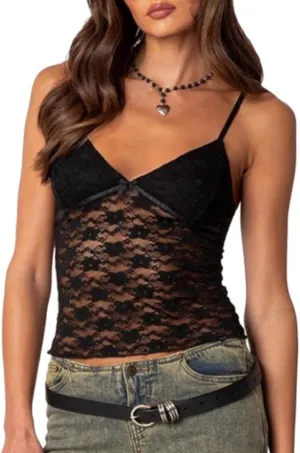 Women Sexy Lace Camisole Cute Crop Tops Sleeveless Slim Fit Low-Cut Mesh See-Through Y2K Tops Shirt