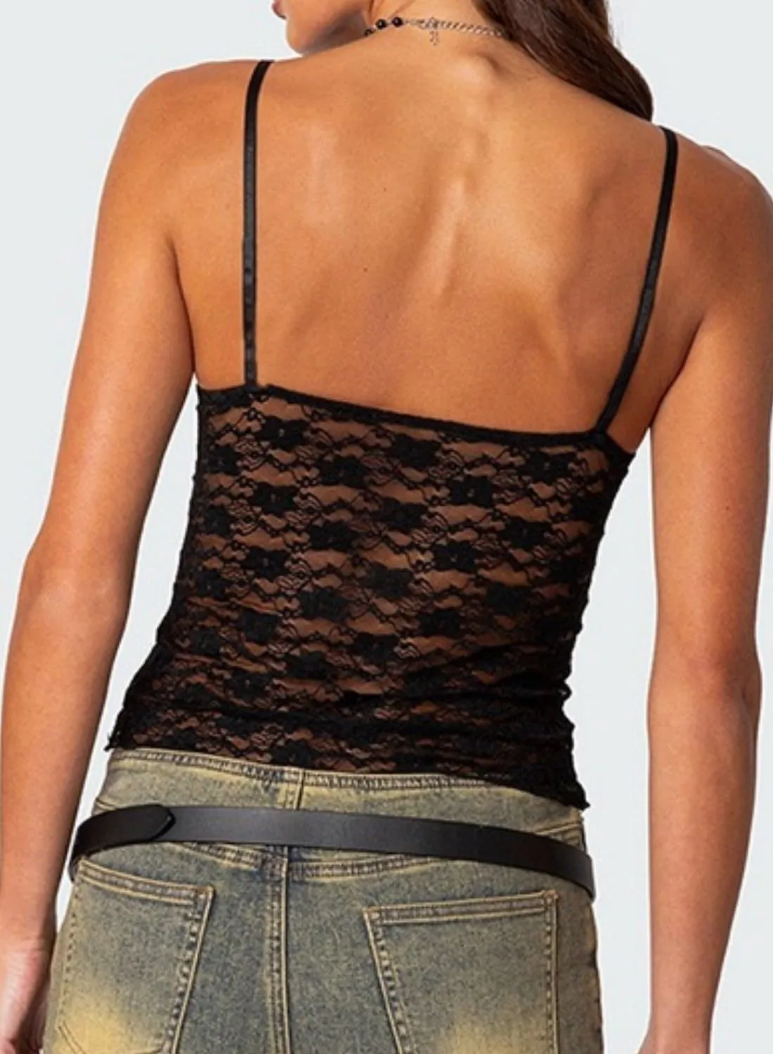 Women Sexy Lace Camisole Cute Crop Tops Sleeveless Slim Fit Low-Cut Mesh See-Through Y2K Tops Shirt