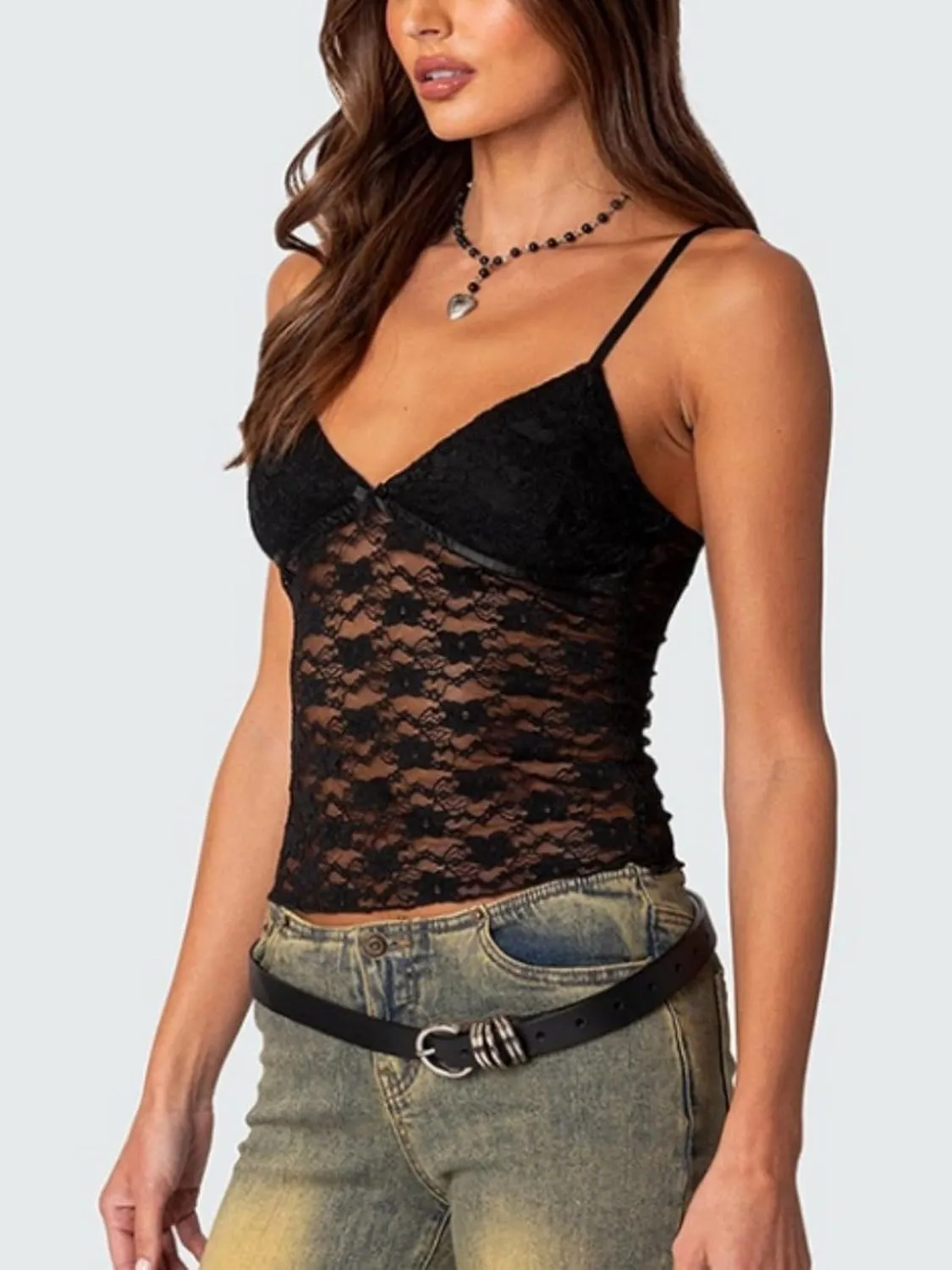 Women Sexy Lace Camisole Cute Crop Tops Sleeveless Slim Fit Low-Cut Mesh See-Through Y2K Tops Shirt