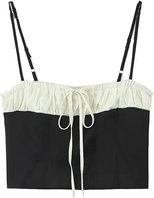 Women Sexy Spliced Ruched Slash Collar Summer Satin Tanks Contrast Color Crop Camisole