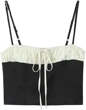 Women Sexy Spliced Ruched Slash Collar Summer Satin Tanks Contrast Color Crop Camisole