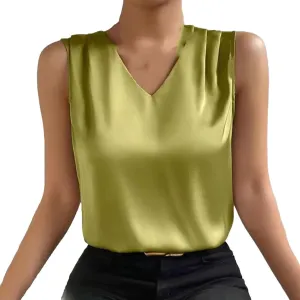 Women Silk Satin Tank Tops V Neck Camisole Blouse Casual Sleeveless Cami Tanks Shirt