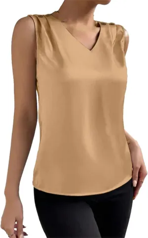 Women Silk Satin Tank Tops V Neck Camisole Blouse Casual Sleeveless Cami Tanks Shirt