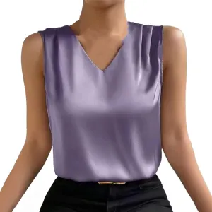 Women Silk Satin Tank Tops V Neck Camisole Blouse Casual Sleeveless Cami Tanks Shirt