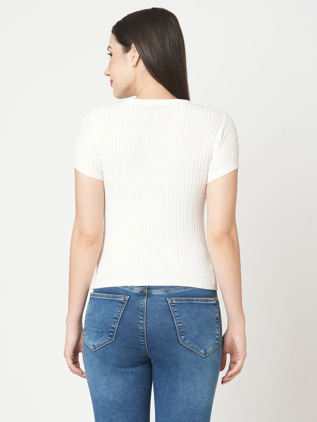 Women Slim Fit White Solid Flat Knit