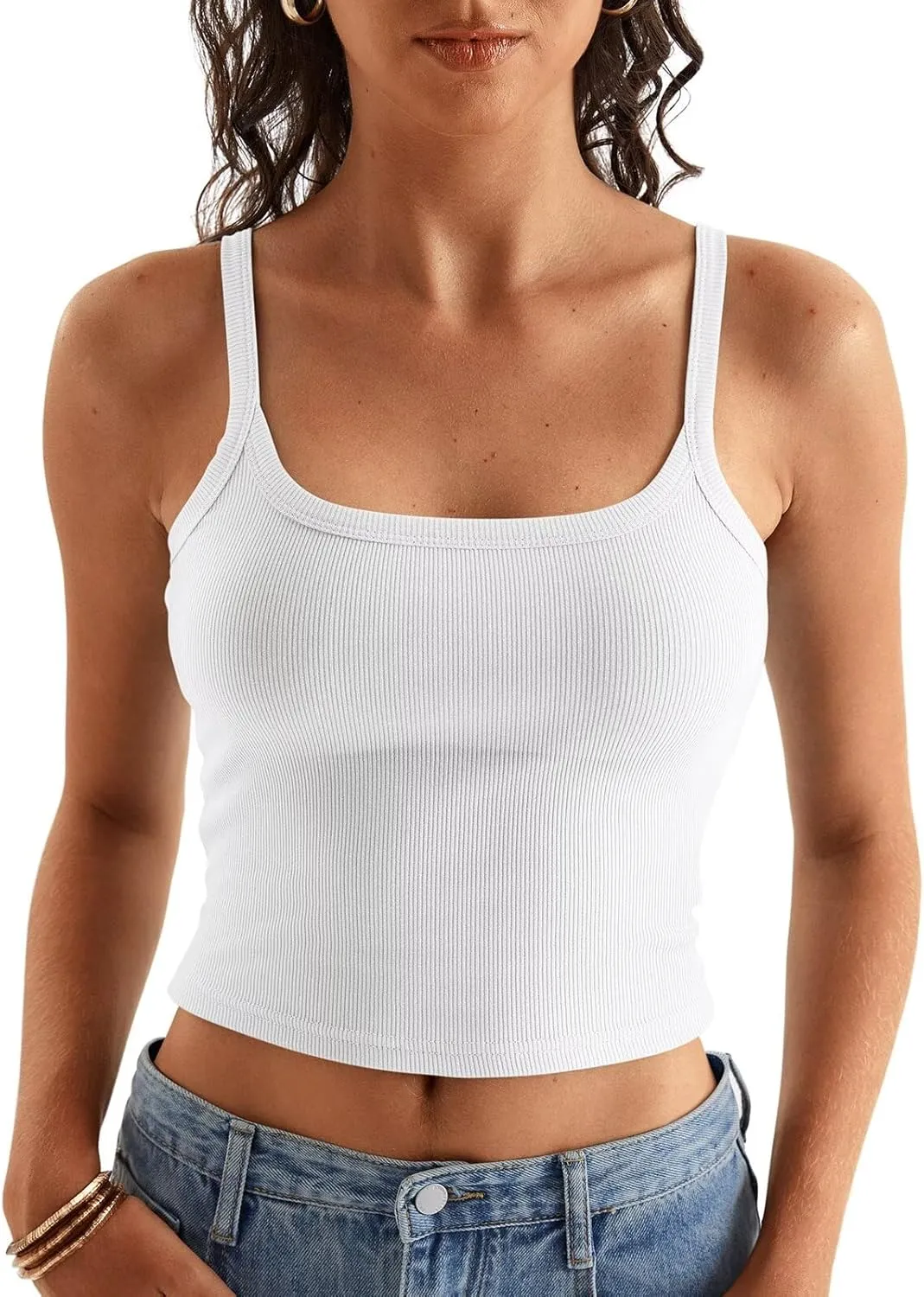 Women Spaghetti Strap Crop Tops Summer Ribbed Tank Tops Scoop Neck Camisole Sleeveless Slim Fit Cami 2024