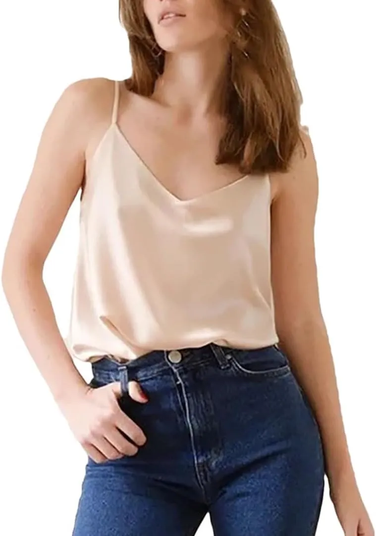 Women Spaghetti Strap Satin Top V Neck Basic Sleeveless Satin Silk Tank Summer Camisoles