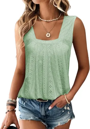 Women Square Neck Summer Sleeveless Tank Tops, Cute Babydoll Tops Fashion Eyelet Tunic Curved Hem Shirts Blouses