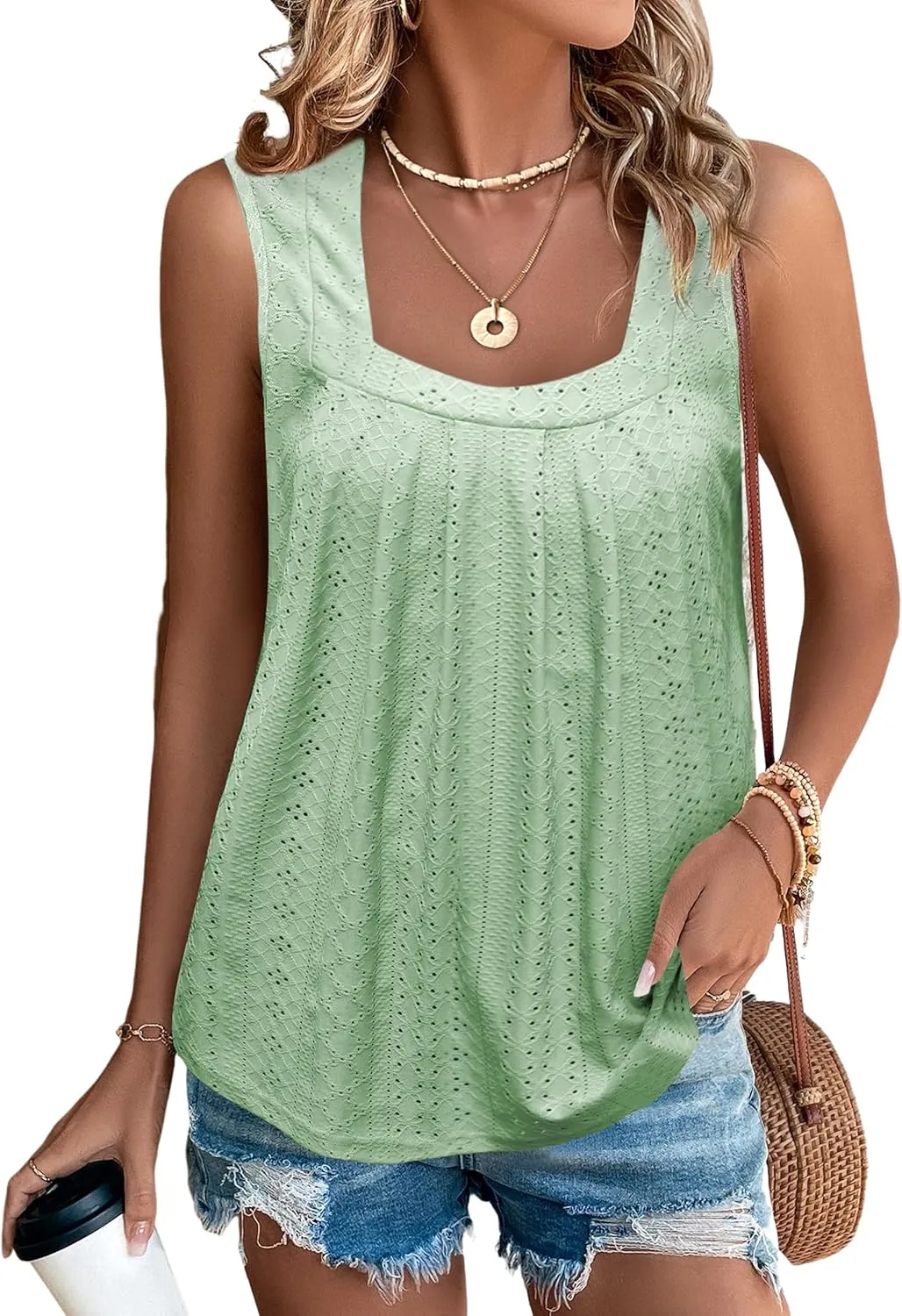 Women Square Neck Summer Sleeveless Tank Tops, Cute Babydoll Tops Fashion Eyelet Tunic Curved Hem Shirts Blouses