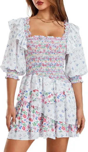 Women Summer A-Line Dress Short Puff Sleeve Smocked Mini Dress Layered Ruffle Dress