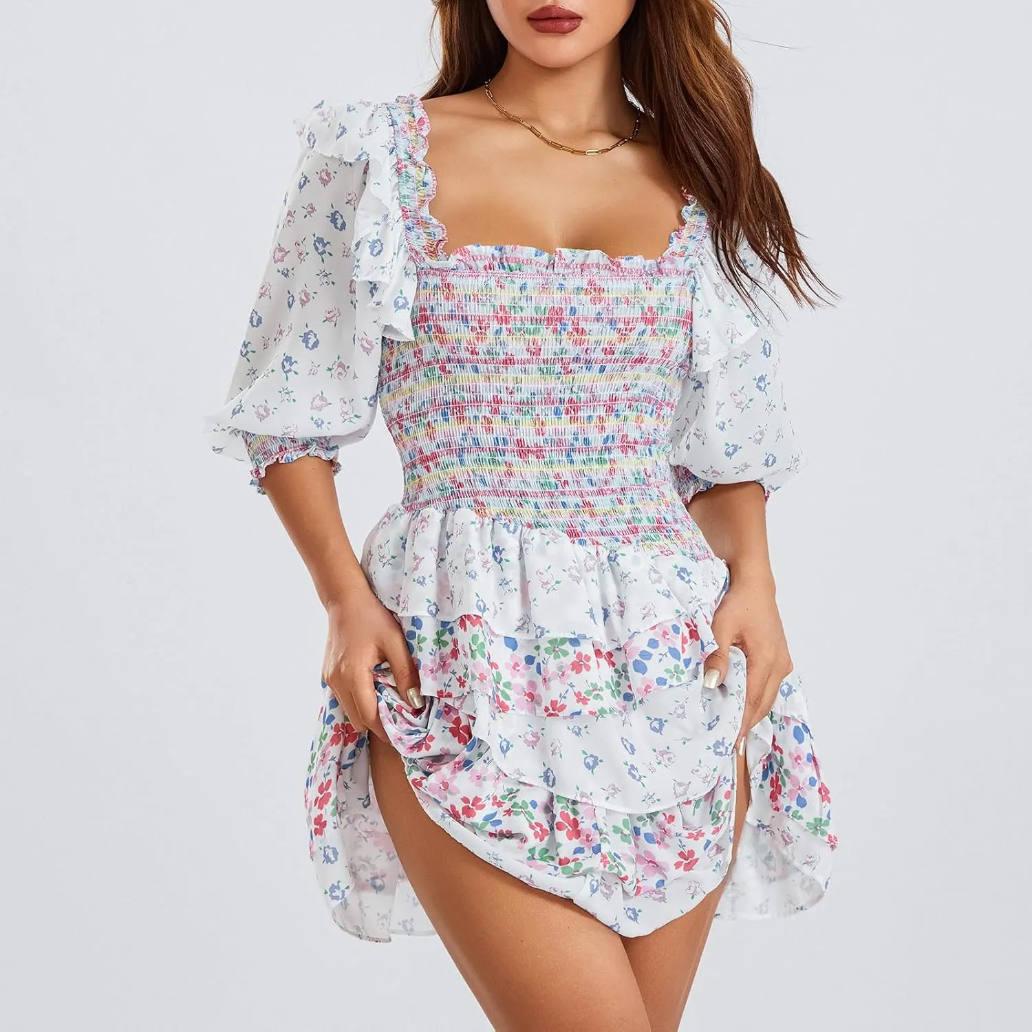 Women Summer A-Line Dress Short Puff Sleeve Smocked Mini Dress Layered Ruffle Dress