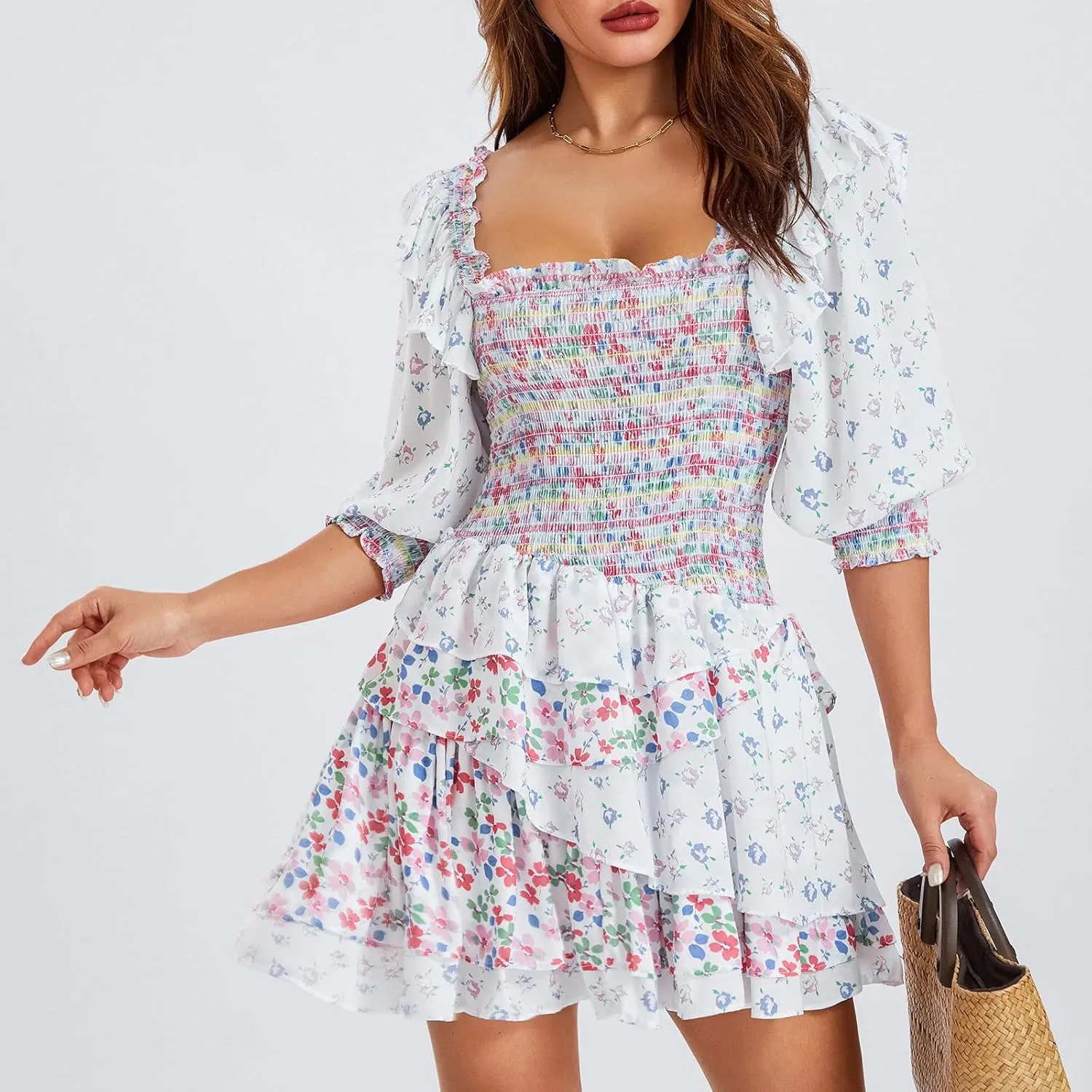 Women Summer A-Line Dress Short Puff Sleeve Smocked Mini Dress Layered Ruffle Dress