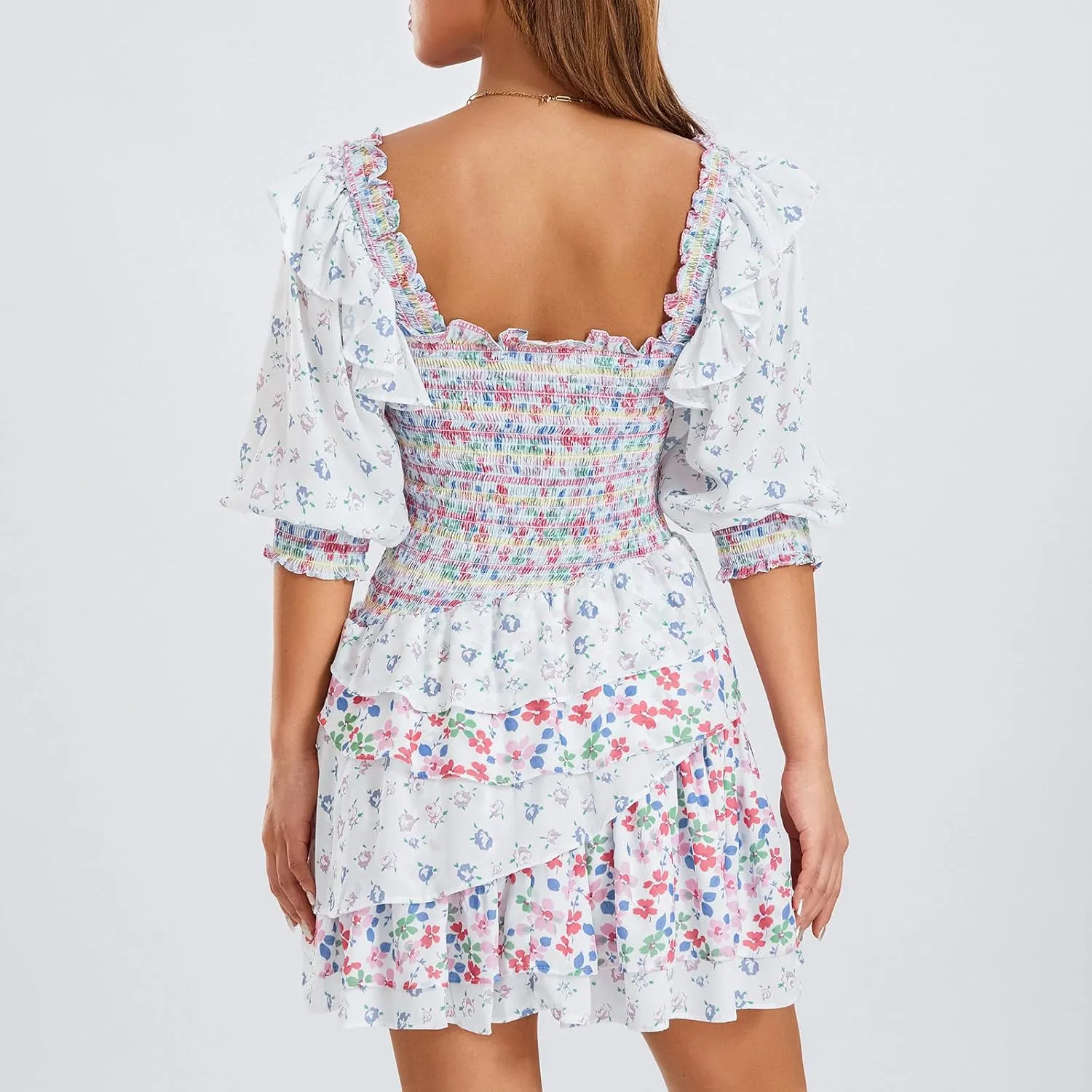 Women Summer A-Line Dress Short Puff Sleeve Smocked Mini Dress Layered Ruffle Dress