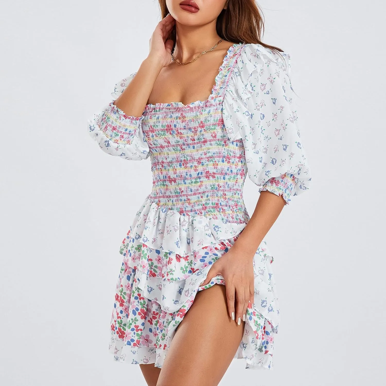 Women Summer A-Line Dress Short Puff Sleeve Smocked Mini Dress Layered Ruffle Dress